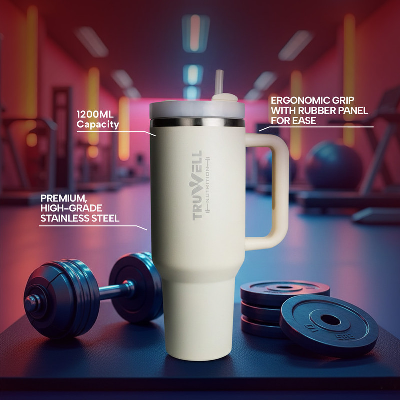 TruWell Nutrition HydraSip Pro | 1.2L Stainless Steel Insulated Tumbler with Straw & Handle White