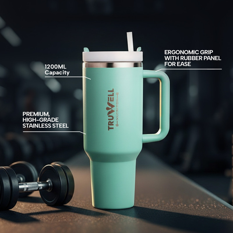TruWell Nutrition HydraSip Pro | 1.2L Stainless Steel Insulated Tumbler with Straw & Handle Blue