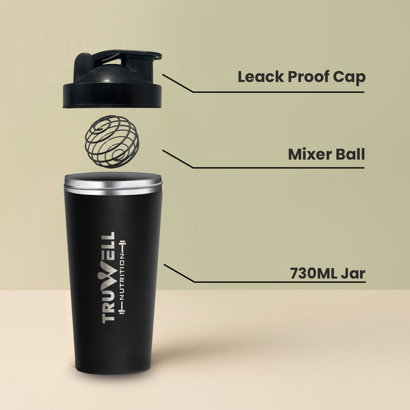 TRUWELL NUTRITION Leak-Proof Protein Mixer with Stainless Steel Agitator Ball, BPA-Free Sipper 700 ml Stainless Steel Shaker (Pack of 1, Black)